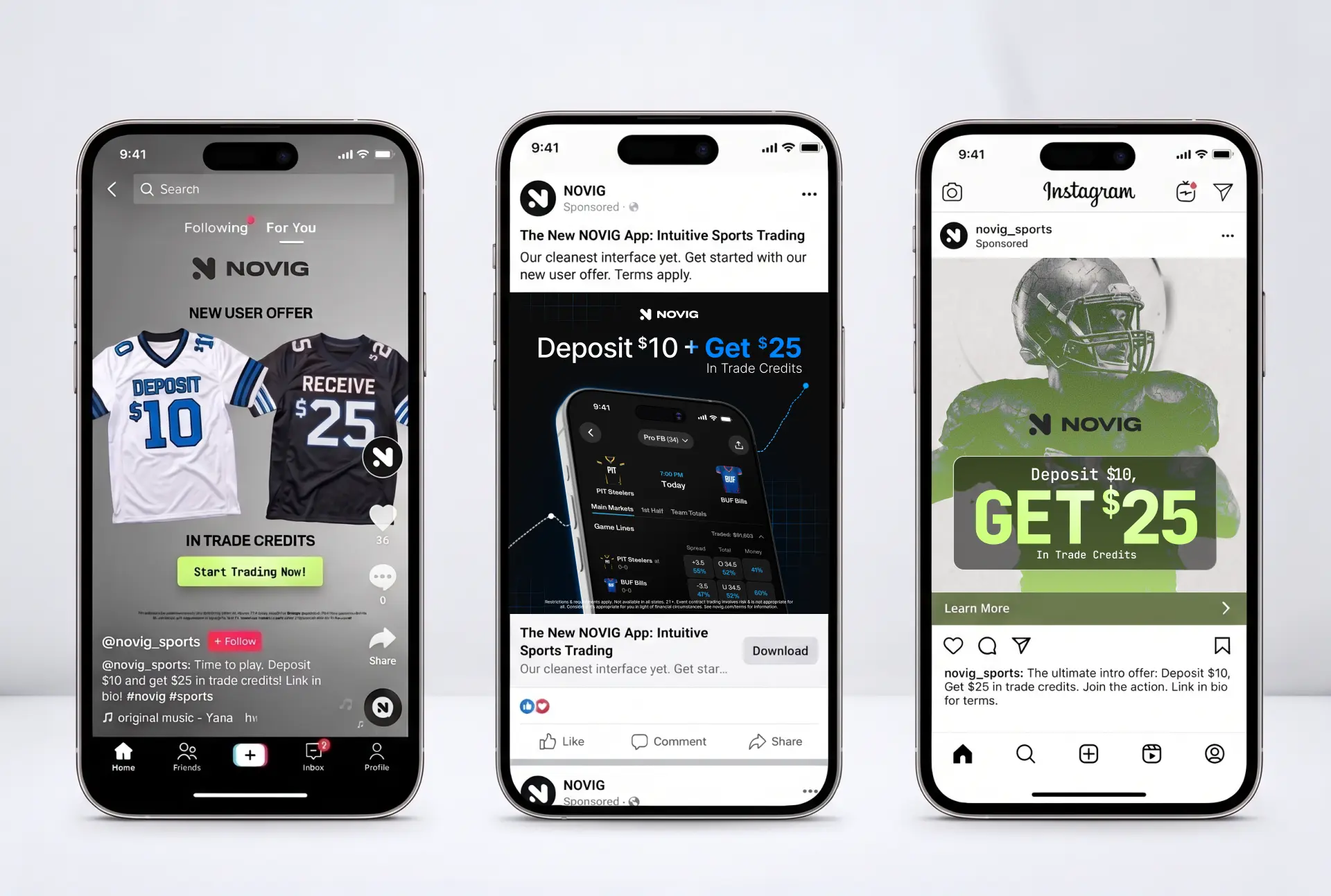 Novig paid social placements shown in TikTok, Facebook and Instagram feeds on iPhone