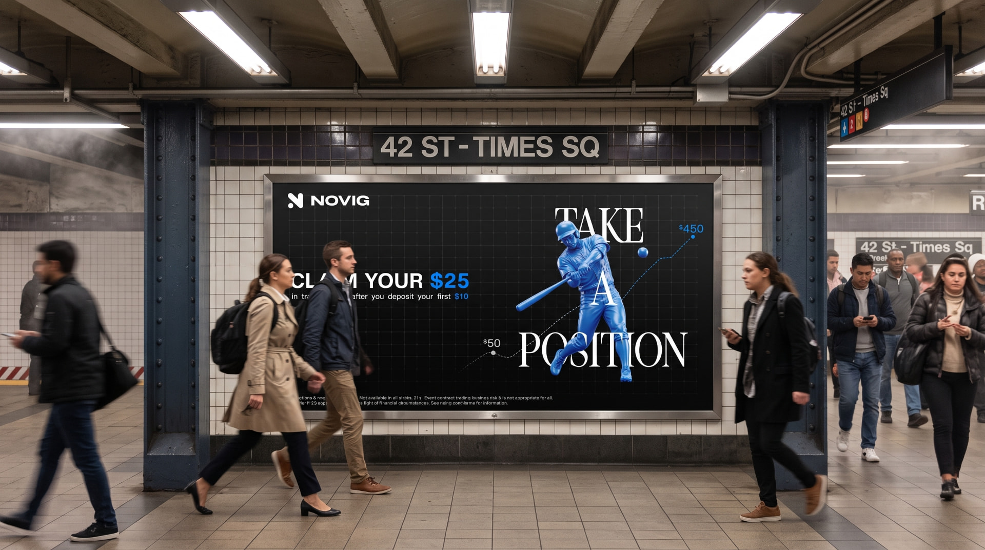 Novig Take A Position out-of-home creative displayed in a New York City subway station