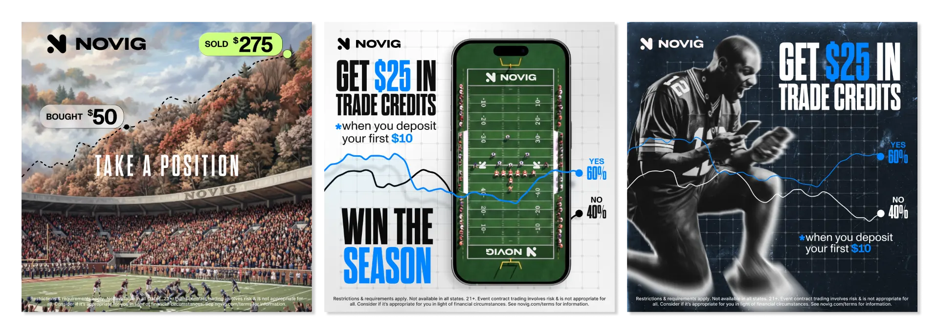 Novig paid social concepts, take a position, win the season and player-focused executions