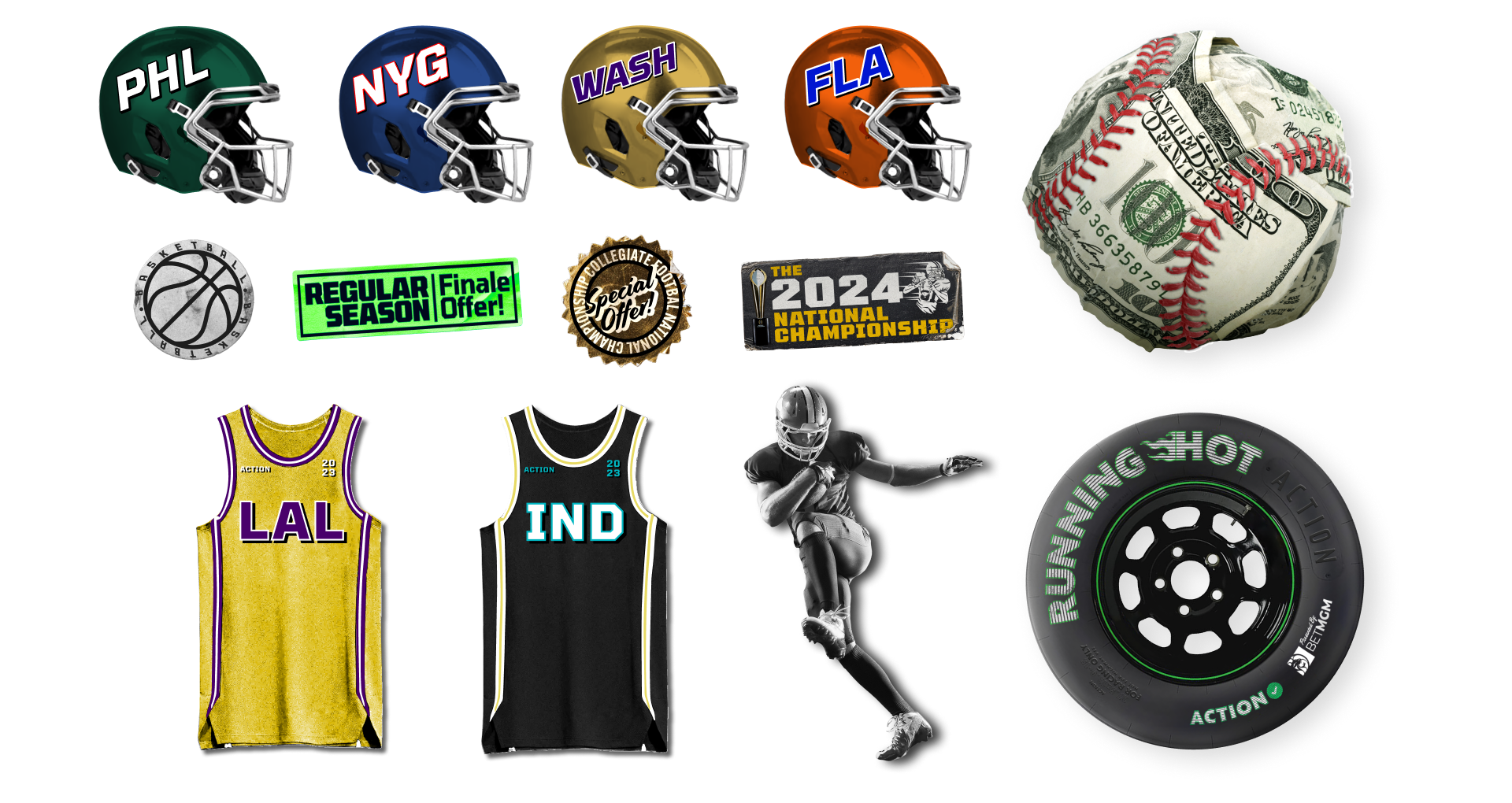 Action Network custom brand elements, team helmets, money baseball, offer badges, jerseys, player cutout, winning shot tire