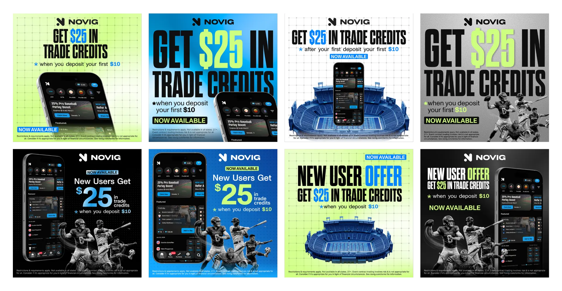 Novig paid social concepts, bright grid and stadium treatments around the $25 trade credits offer